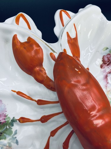 ANTIQUE XLarge German Hand Painted Floral LOBSTER Divided Ceramic Dish/Bowl 14” - Picture 11 of 17