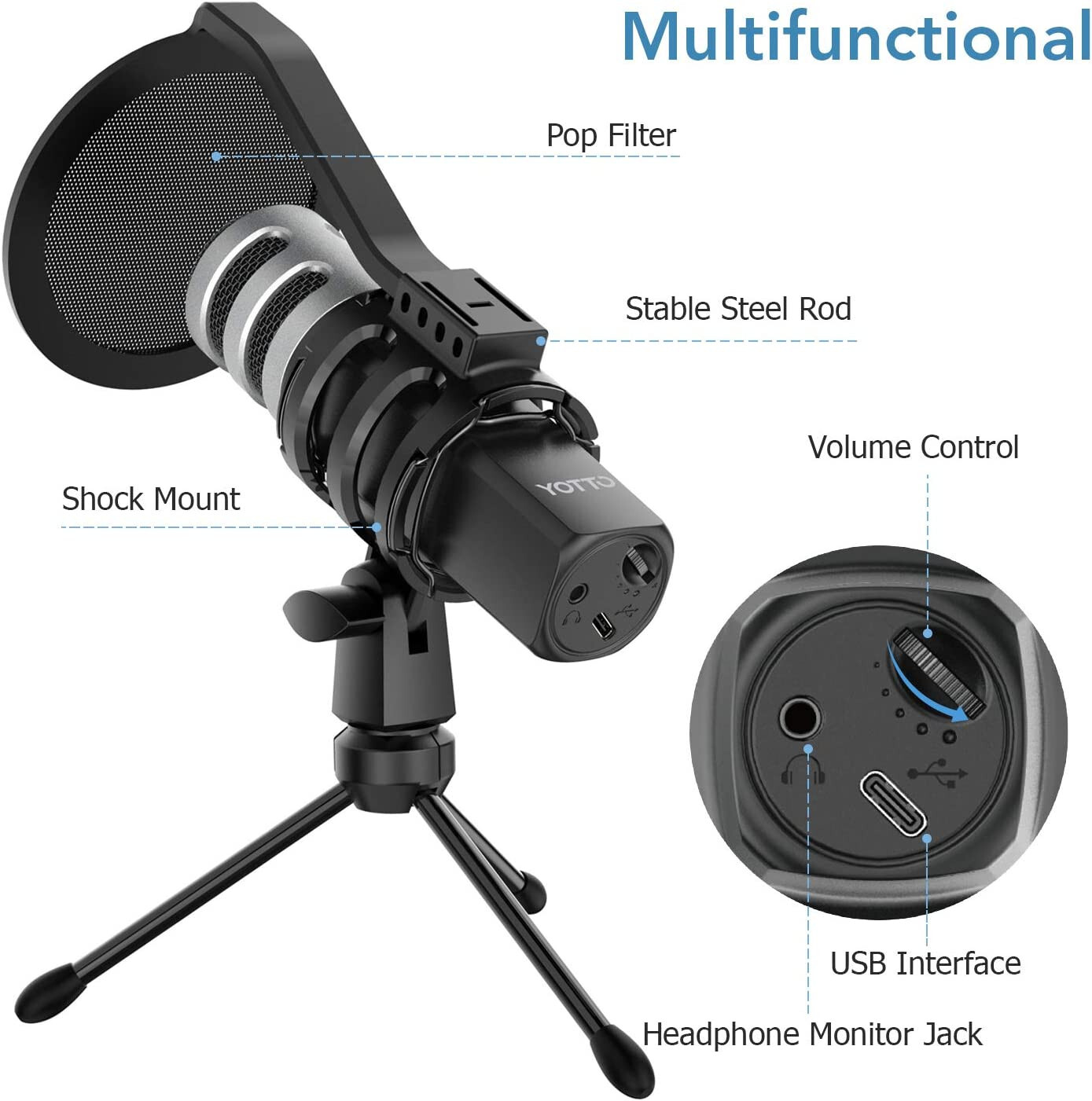 YOTTO USB Microphone 192KHZ/24BIT Condenser Cardioid Microphone Plug