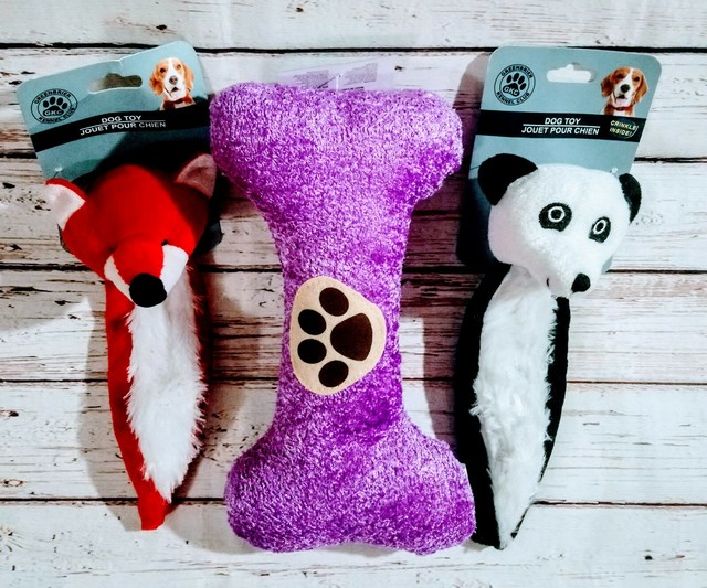 Dog Toys Lot 3 Squeakers Plush Stuffed Squeaky Bone Crinkly Unstuffed