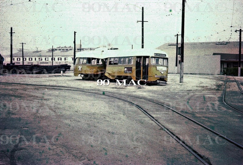 LATL. PCC CAR #3035. Vernon (CA). Original Slide 1956. ATSF WRECK!