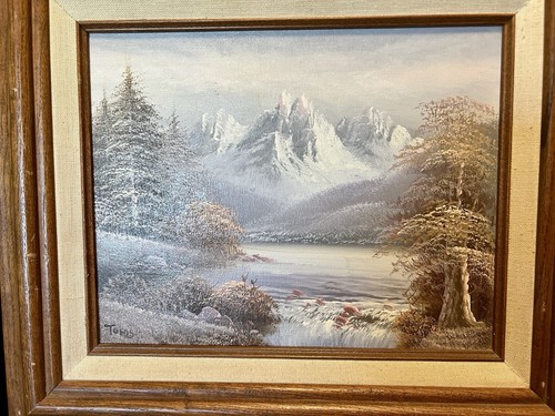 Vintage Ölgemälde Landschaft Berge Winter Impressionist realistischer Rahmen signiert