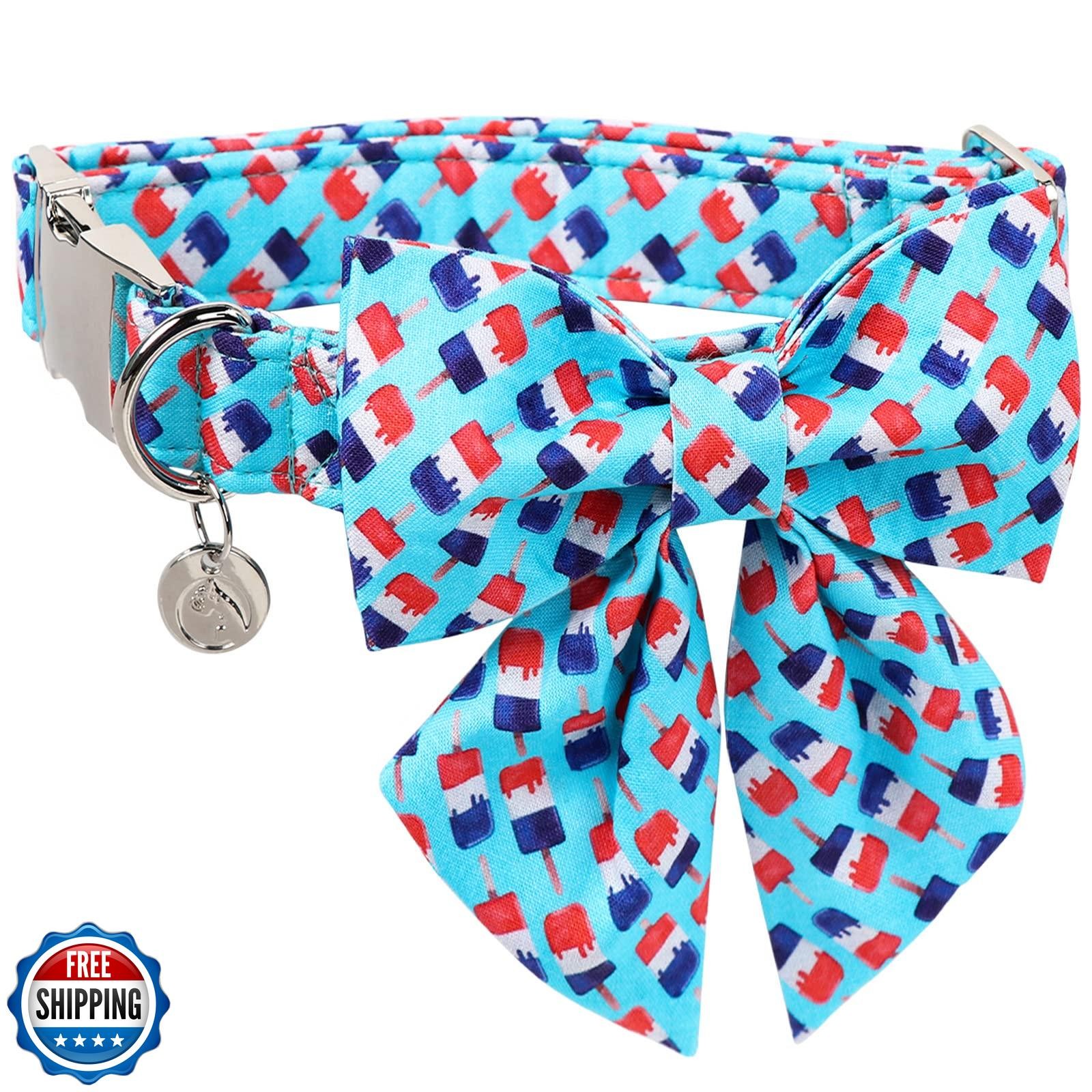 Blue Ice Cream Bow Tie Dog Collar - Adjustable & Comfortable Summer Collar for Dogs  