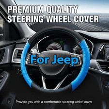 15" Steering Wheel Cover Genuine Leather for Jeep Black and Blue