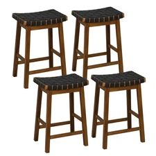 Woven Saddle Stools Set of 4 25.5" Faux PU Leather Counter Height Kitchen Stool