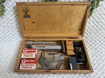 Vintage X-Acto Knife Tool Set Wood Box Blades Glass Cutter Glazier Points Kit