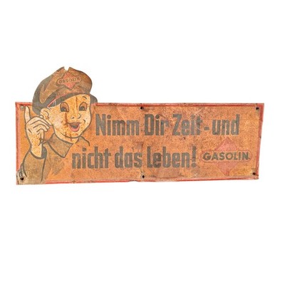 Metal sign Gasoline take your time and not life Müller Vienna oil can garage