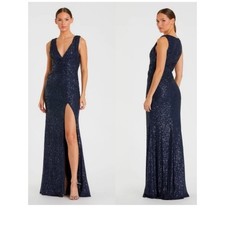 Mac Duggal 26598 Navy Sequin Plunging V-Neck Sequin Gown, NEW, Size 2, MSRP 498