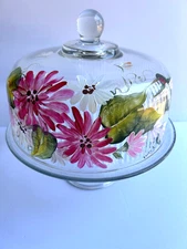 Glass Dome Cover Pedestal Cake Plate Stand Hand Painted Floral Signed 11"W