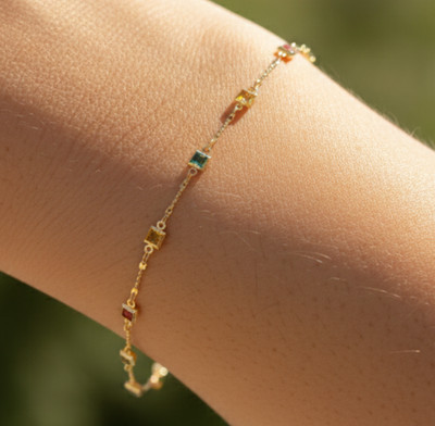 Delicate Minimalist Gold Plated Brass Bracelet Color stone Chain Bracelet