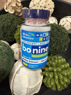 Bonine Motion Sickness Nausea, ginger root extract.  Non-drowsiness 60ct 