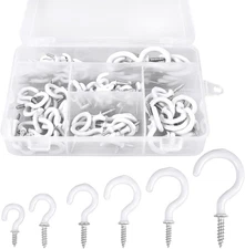 90 Pcs White Ceiling Hooks Kit 6 Sizes Vinyl Coated Screw-In Plant Kitchen Cup