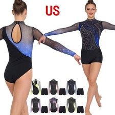 US Women's Long Sleeve Shiny Bodysuit with Shorts Dance Bodysuit Skating Outfits