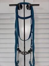 Blue Nylon Western Horse Bridle W/ New Curb Bit Chain & Split Reins