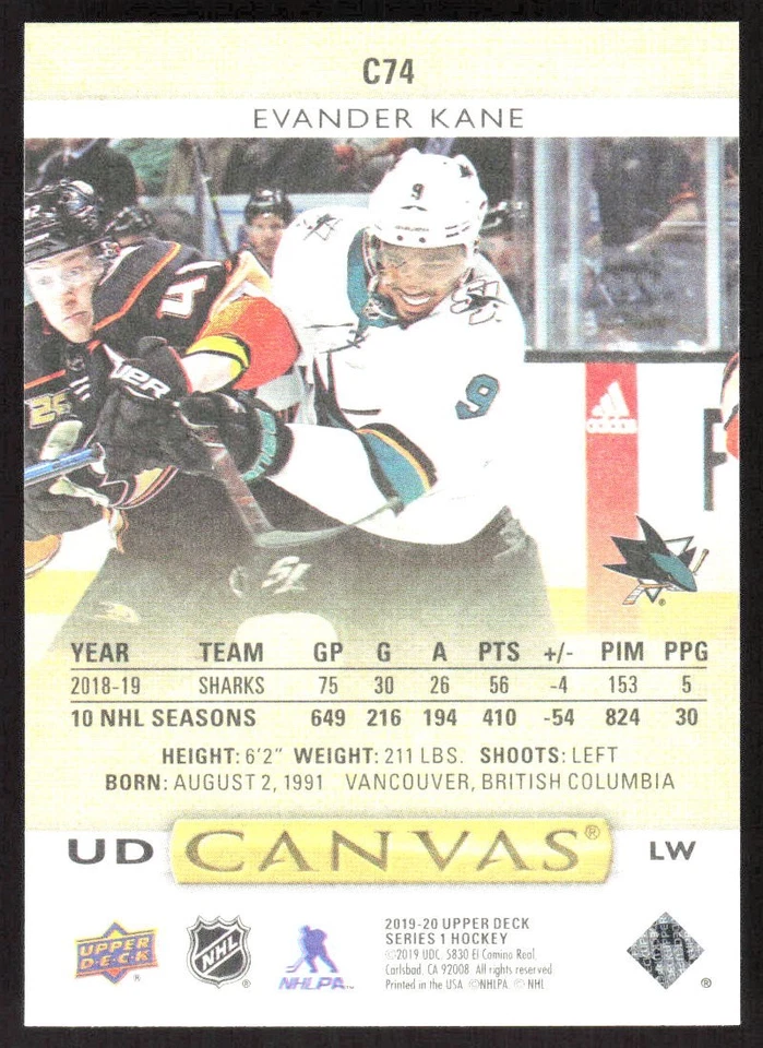1199H 2019-20 Upper Deck #C74 Evander Kane UD Canvas - Image 2 of 2