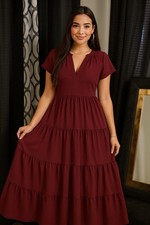 Calvin Klein Women's Split-Neck Tiered Maxi Dress Size 6 NWT Burgundy Red NEW