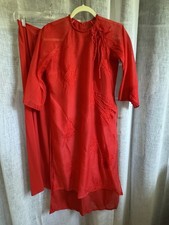 Vietnamese Modern Red Organza Bow Details Ao Dai with Pants Set, Size L