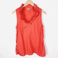 Crown & Ivy Womens L Coral Orange Ruffle Knit Blouse Office Casual Sleeveless