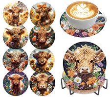 Diamond Art Coasters Kit,8 Pcs Highland Cow Diamond Painting Coasters Kit D...
