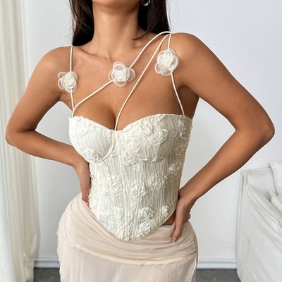 Women's 3D Floral Embroidered Corset Top Sexy Fishbone Bustier Crop White S M L