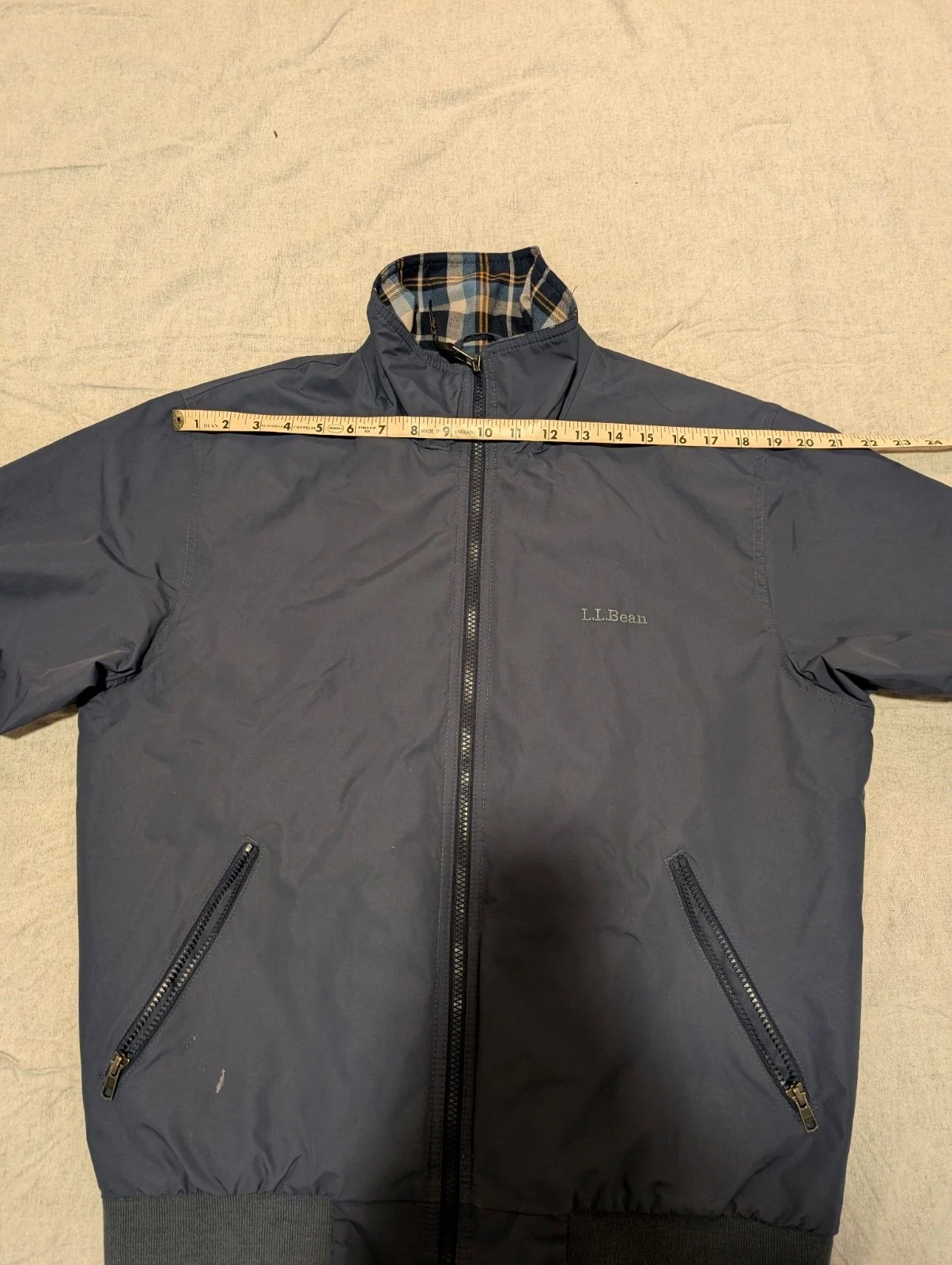 L.L.Bean Men's Warm-Up Jacket Flannel-Lined Dark Navy S Plaid Lining Full Zip - product detail image 7