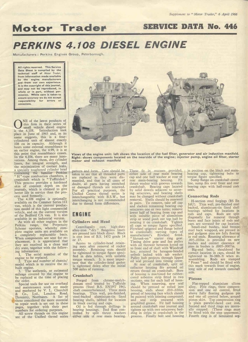 Perkins 4.108 Diesel Engine Motor Trader Service Data No
