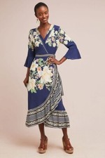 NWT Farm Rio de Janeiro for Anthropologie Midnight Flower Wrap Dress S #OS512