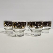 6 Early Culver Gold and Black Rare Chantilly Pattern Footed Cocktail Glasses 50s