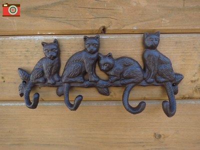 KATZEN-THEMENMANTEL 4 HAKENSTÄNDER, Gusseisen. Mäntel, Schlüssel, Blei etc. Vintage Stil