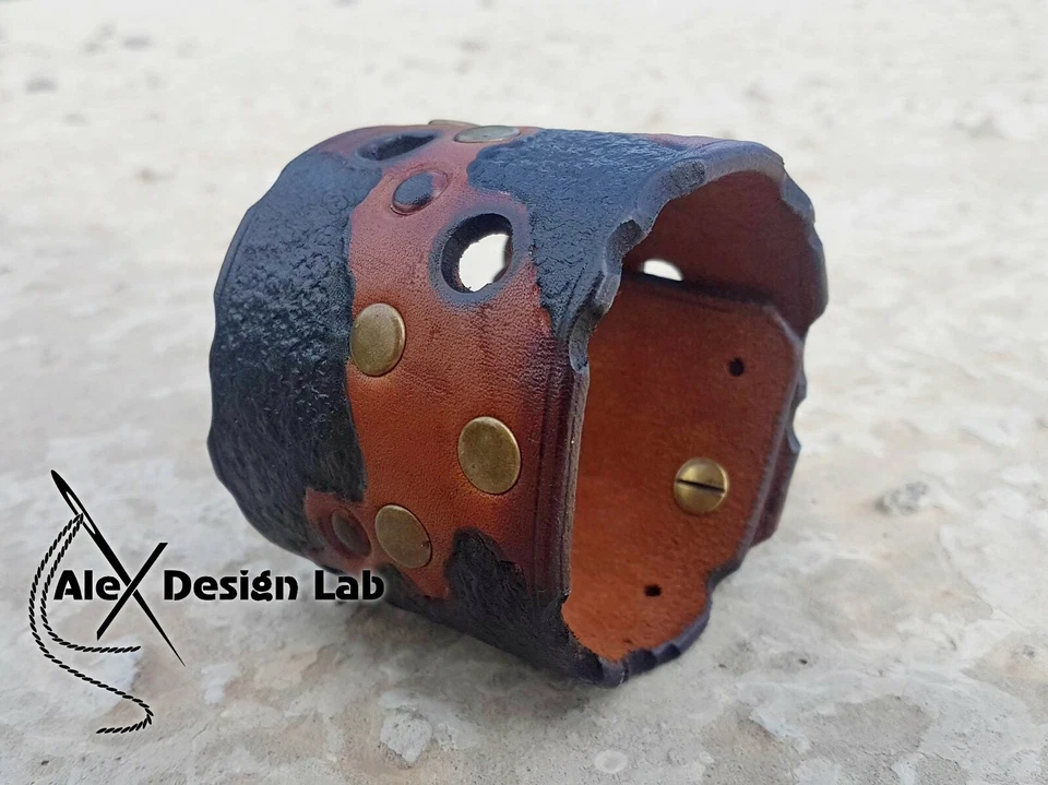 Brazalete ancho marrón oliva quemado cuero tachonado pulsera para hombre clase extra genuino Foto 3 de 4