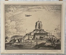 Rare c1920s PETER THORVALD JENSEN Art Deco AIRPORT Plane Air Show ETCHING w Cars