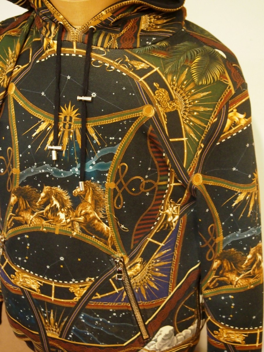 Balmain of Paris Cotton Side Zip Zodiac Horse Print Pattern Hoodie