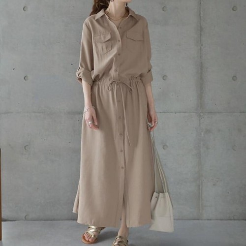 Women Midi Shirt Pocket Dress Long Sleeve Button Front Drawstring Casual Dress