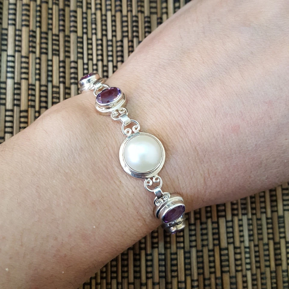 Brazalete de tenis de plata de ley 925, perla grande de agua dulce y amatista, 7,4" Foto 4 de 4