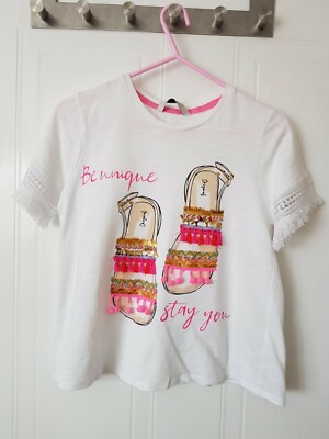 Girls Pom Pom Sandals T Shirt, George,Age 7-8 years, VG Con