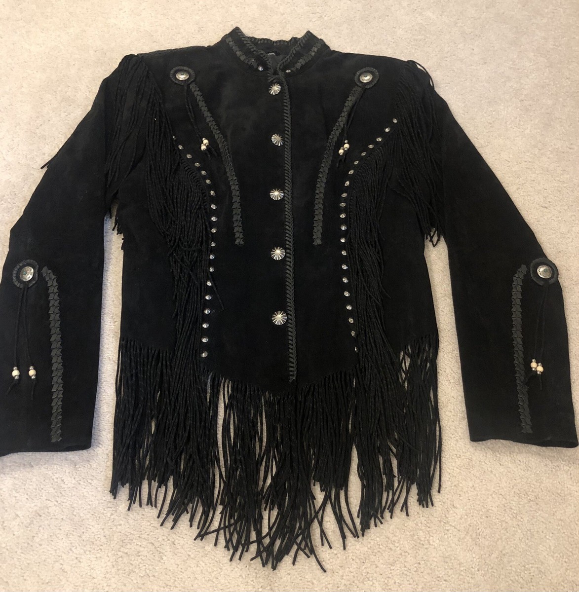 Cripple Creek Black Fringed Studded Leather Suede Western Jacket