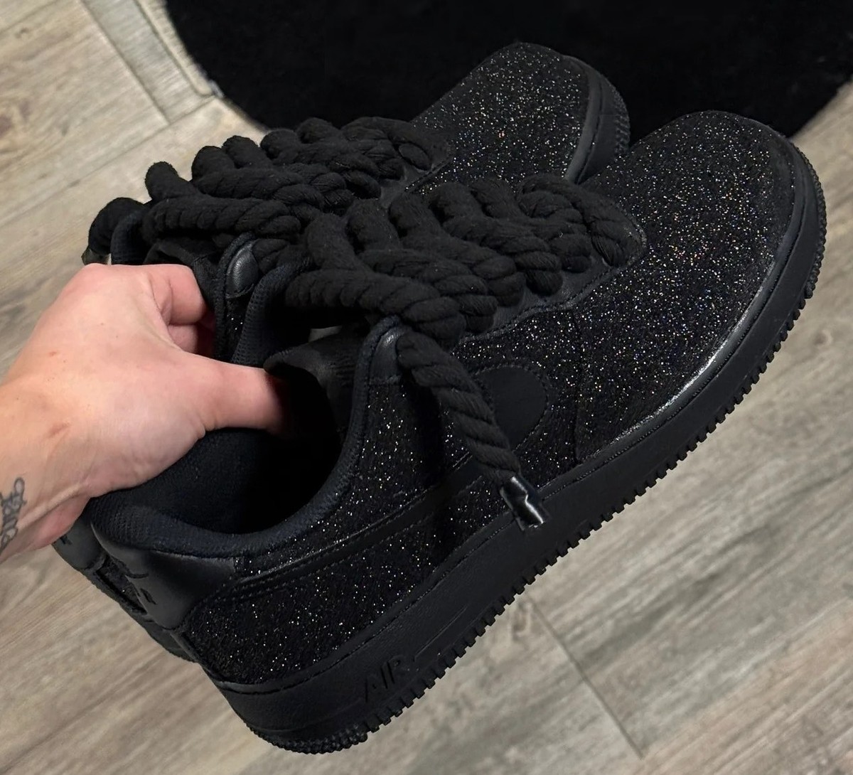 Black Glitter Custom Air Force 1 with Chunky Rope Laces and Red