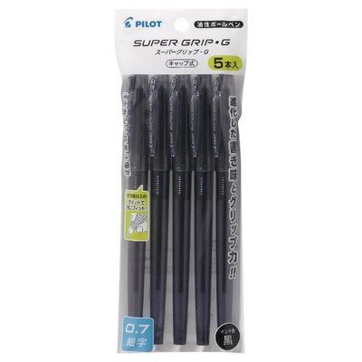 PILOT Super Grip G Oil-Based Pen, Cap Type, 0.7mm, Black, 5 Pieces