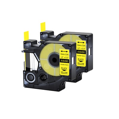 2PACK 18490 Flexible Nylon Label Tape 1/2'' Black on Yellow For DYMO Rhino 6000