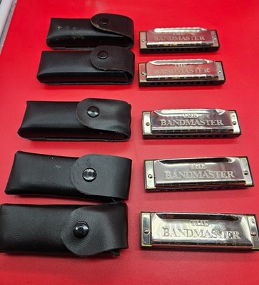 Five Bandmaster Harmonicas with Cases G, A, C, D, F keys