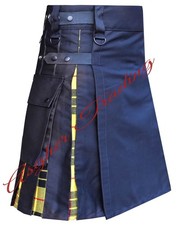 Handmade Black With MacLeod of Lewis Tartan Hybrid Utility Kilt Custom Size Kilt