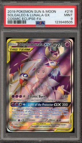 Pokemon Solgaleo & Lunala GX Cosmic Eclipse Full Art #216 PSA 9 Mint