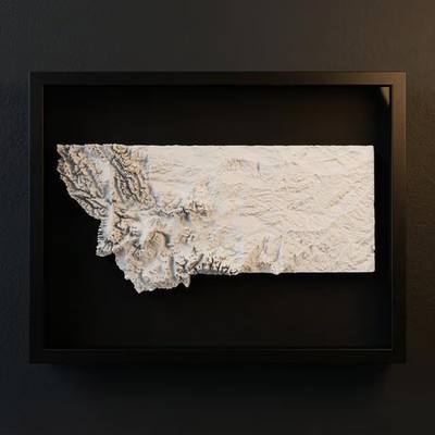 3D Montana Map Wall Art: Topography in Black Wood Frame
