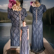 Adrianna papell lace Blue Silver 20s gatsby beaded Occasion Evening dress 8 10