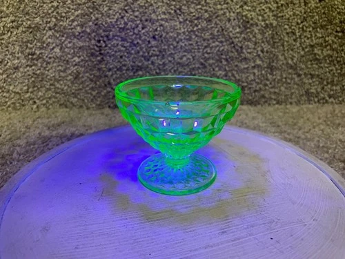 Depression Uranium Glass Goblet Dessert Sherbet Bowl Diamond Cut Green