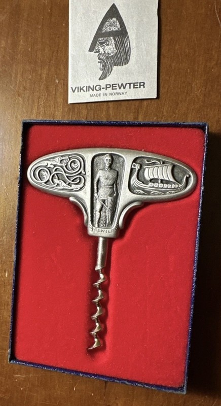 Vintage Hovding Tinn Norwegian Pewter Corkscrew Viking Norway 4.25"