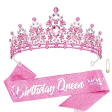Atoden Pink Birthday Crown and Queen Sash Tiara - Crystal for