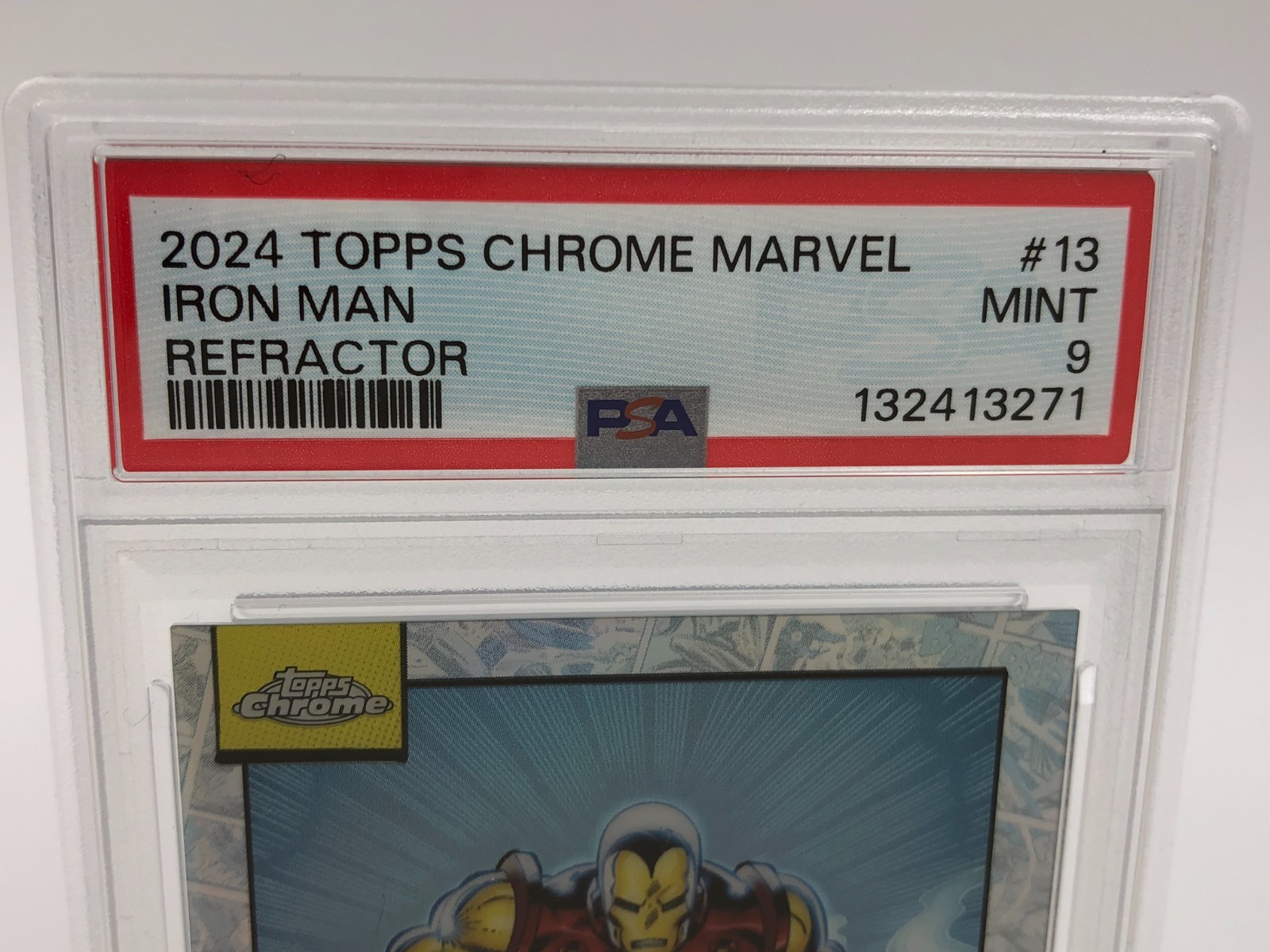 2025 TOPPS CHROME MARVEL Card  IRON MAN #13  REFRACTOR  graded slab PSA MINT 9 view 2