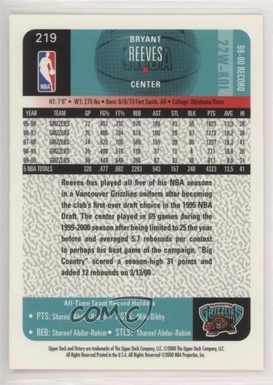 2000-01 Upper Deck Victory Bryant Reeves #219 - Image 2 of 2