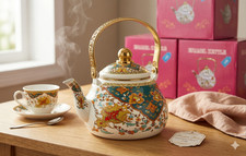 1.5L Enamel Teapot Floral Vintage Stove Top Tea Kettle Metal Tea Pot Kitchen