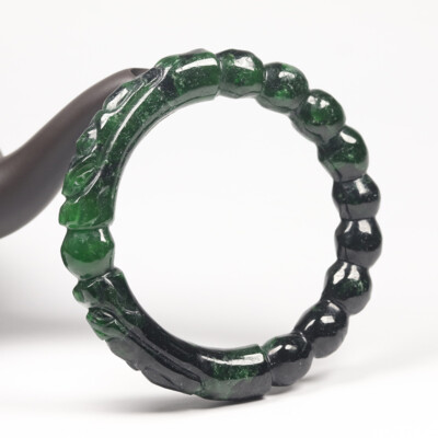56mm Women Natural Black Green Jadeite Jade Bangle Bracelet Chinese Dragon 13655